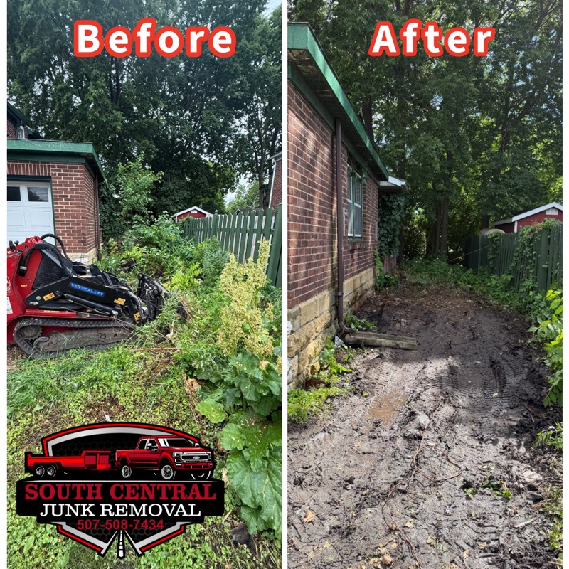 Before and after: an overgrown strip beside a brick garage, cleared down to bare ground