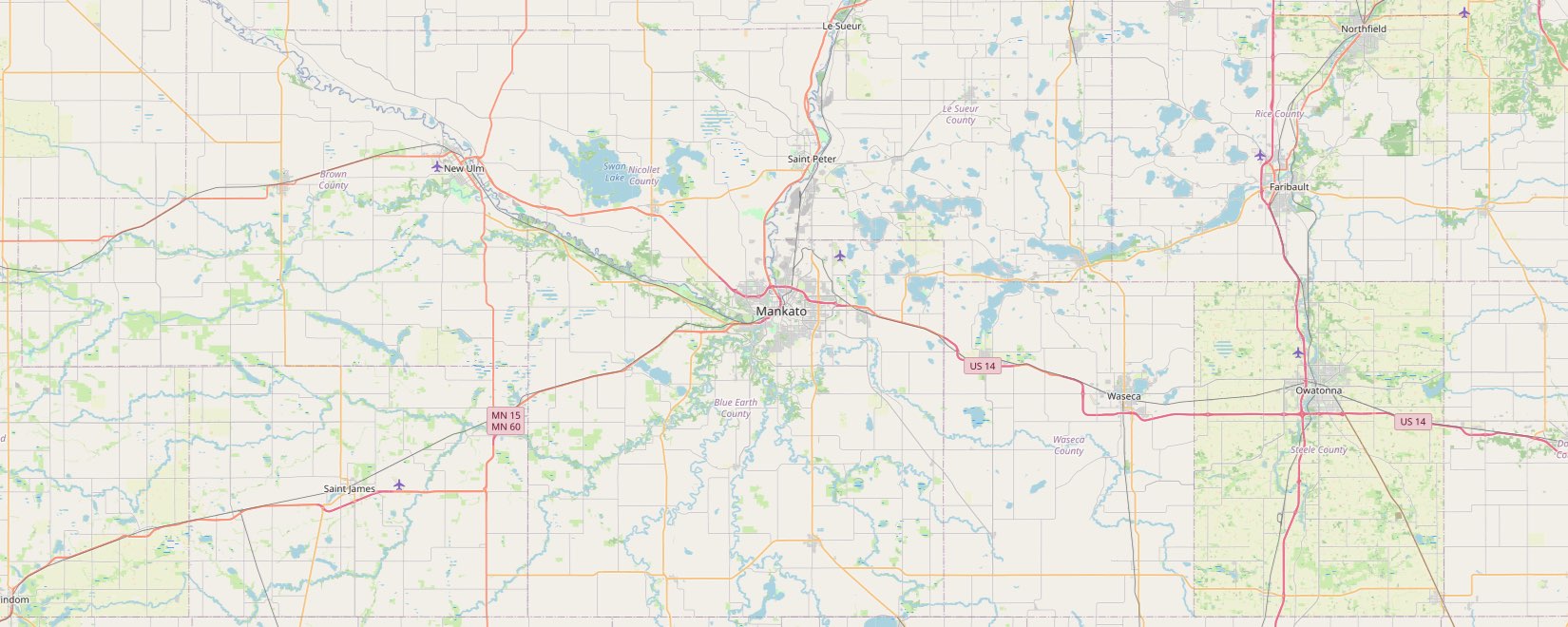 Map of southern Minnesota centred on Mankato